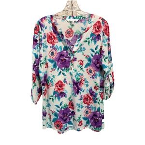 Emily Daniels White/Purple Floral Blouse Round Snap‎ Size M 3/4 Sleeve Soft